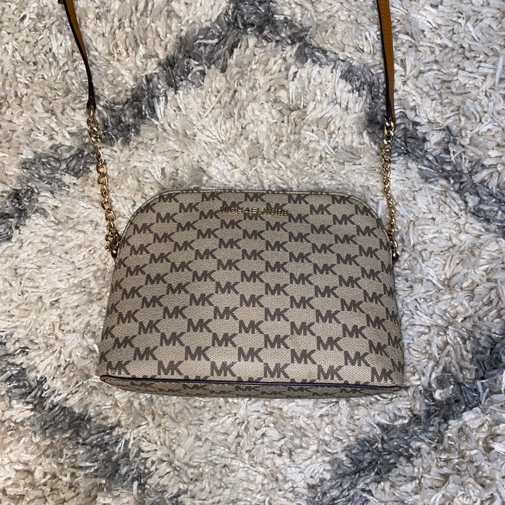 Michael Kors Beige/Tan Monogram Crossbody Purse with Brown Faux Leather Accents